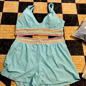 Blue swimsuit with Multicolor Stripes